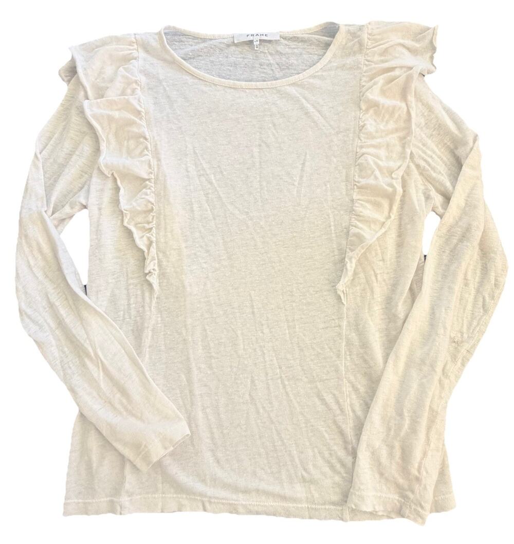 Frame Denim White 100% Linen Ruffle Long Sleeve Blouse Top Shirt L
